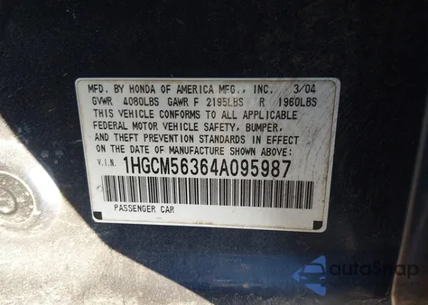 2004 Honda Accord 2.4 Lx z USA, uszkodzony, nr VIN 1HGCM56364A095987